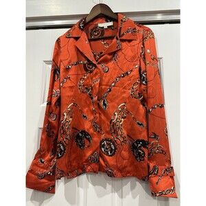 Alease Fisher Womens Orange 10 Chain Button Blouse Satin Silk Shirt Retro VTG